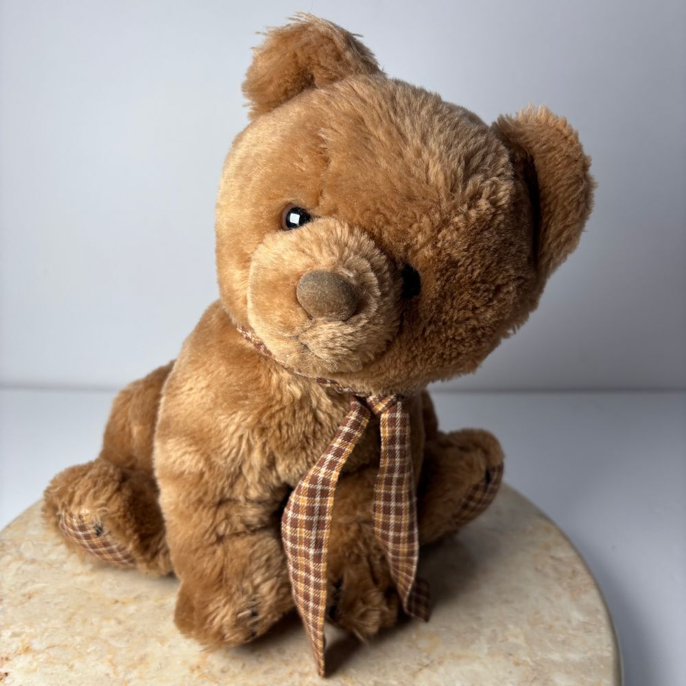 Vintage 1984 Dakin Sitting Brown Teddy Bear Plush Animal Plaid Bow Feet 10" Tall